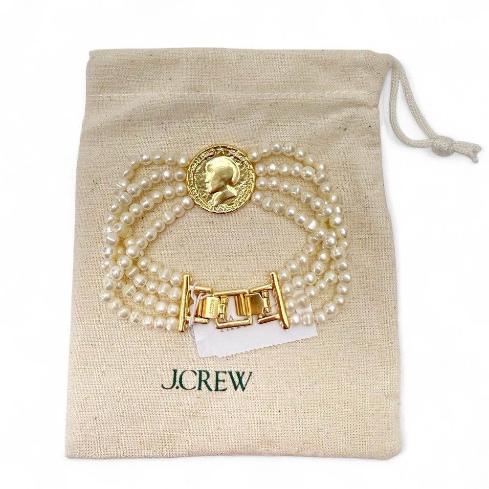 J. Crew Multi Strand Faux Pearl Beaded Ancient Roman Coin Bracelet NEW